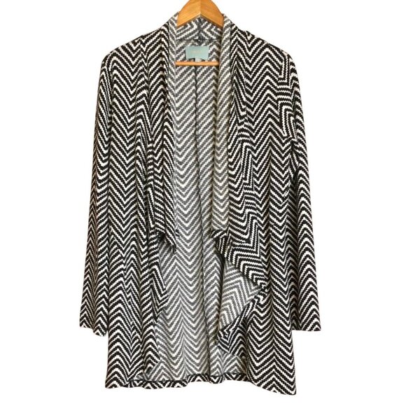 Skies Are Blue Black & White Chevron Open Front Cardigan Sweater Size L - Picture 1 of 9